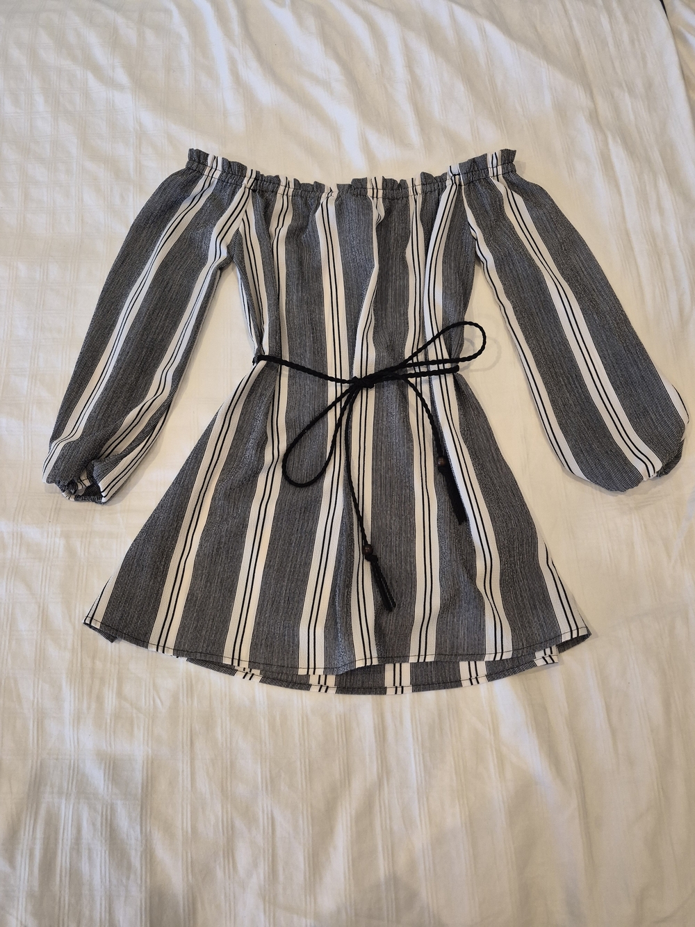 Sweet Wanderer Black and White Striped Off-Shoulder Blouse with Waist Tie